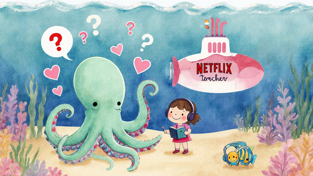 Bir ahtapot küçük bir çocuğa duyguları öğretiyor, arka planda Netflix altı denizaltı yüzen bir sahne.