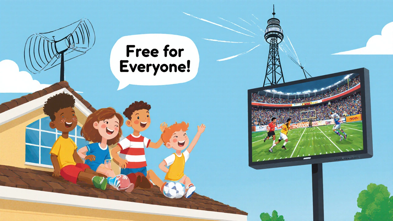 Bir aile dijital antenle ücretsiz bir spor maçını izliyor, gökyüzünde sinyal dalgaları görülüyor.