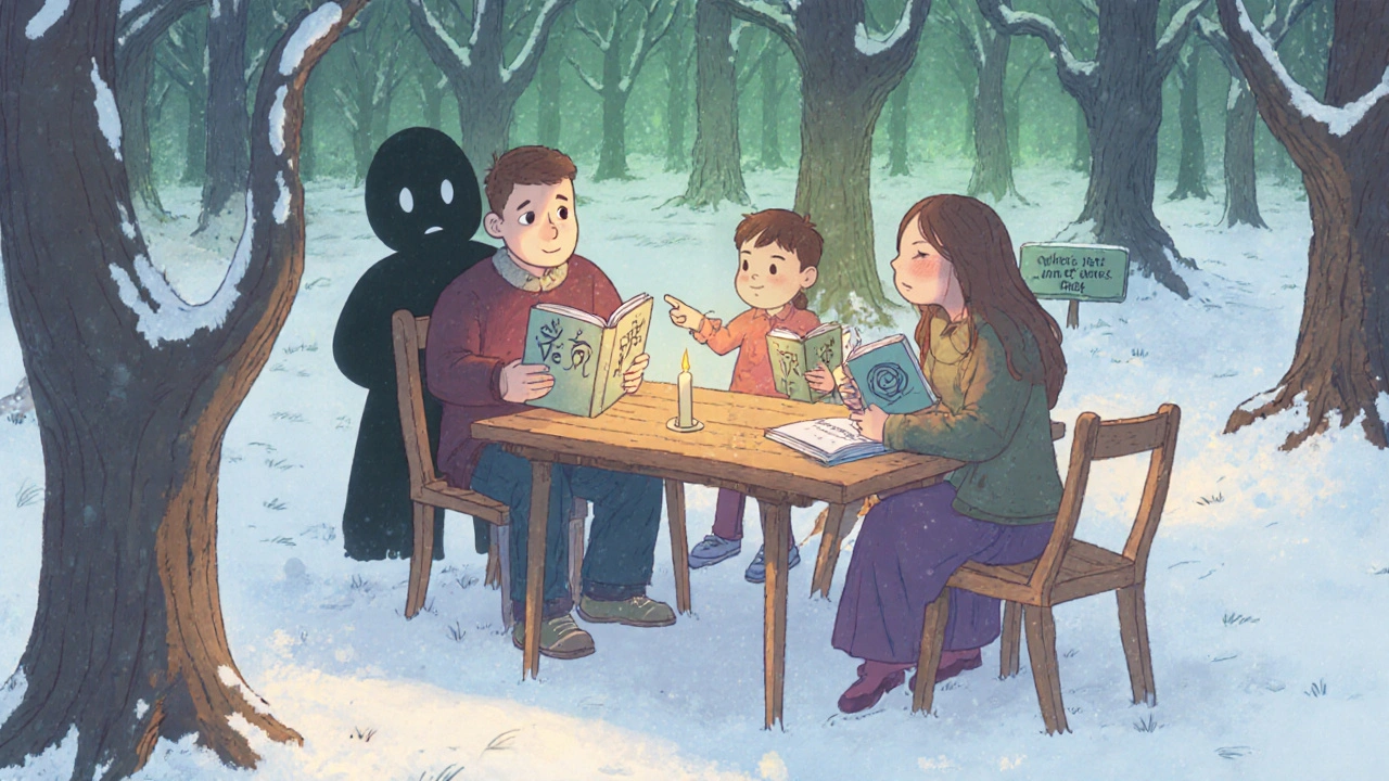 Bir aile, sembollerle kaplı kitaplarla masada oturur, arkada gizemli bir gölge vardır.