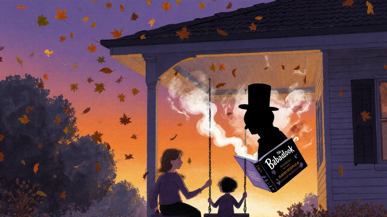 Bir anne ve çocuğu, kitaptan çıkan korkunun gölgesiyle sakin bir akşamda oturuyor.