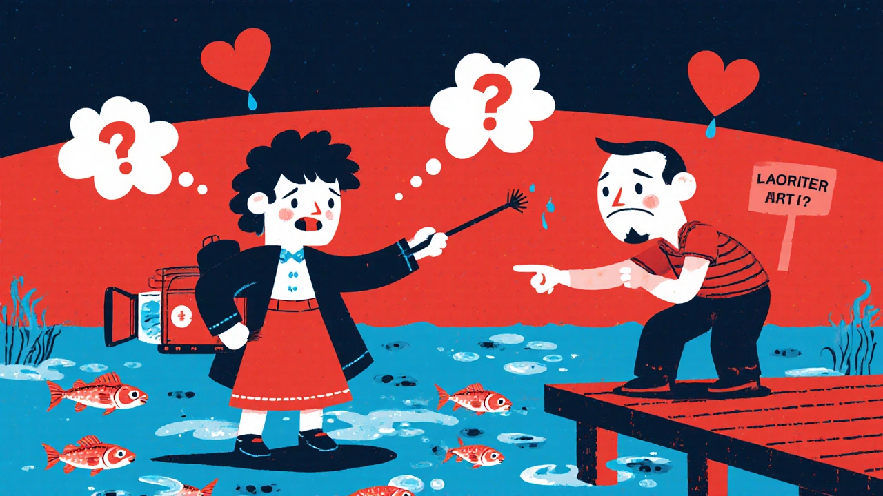 Bir belgesel yapıcı, kirli denizdeki balıkları göstererek bir balıkçıyla konuşuyor.