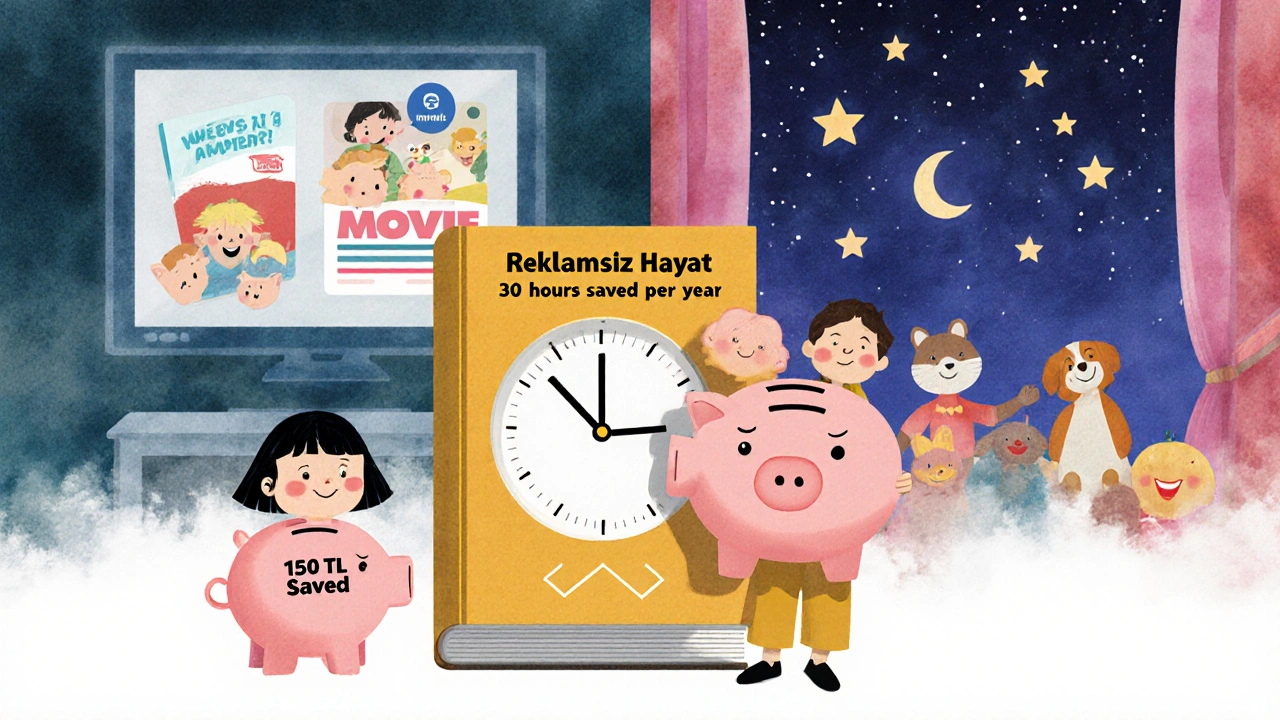 Bir çocuk, 150 TL tasarruf ederek reklamsız izleme kitabını tutuyor, arka planda reklamlı ve reklamsız izleme karşılaştırması görülüyor.