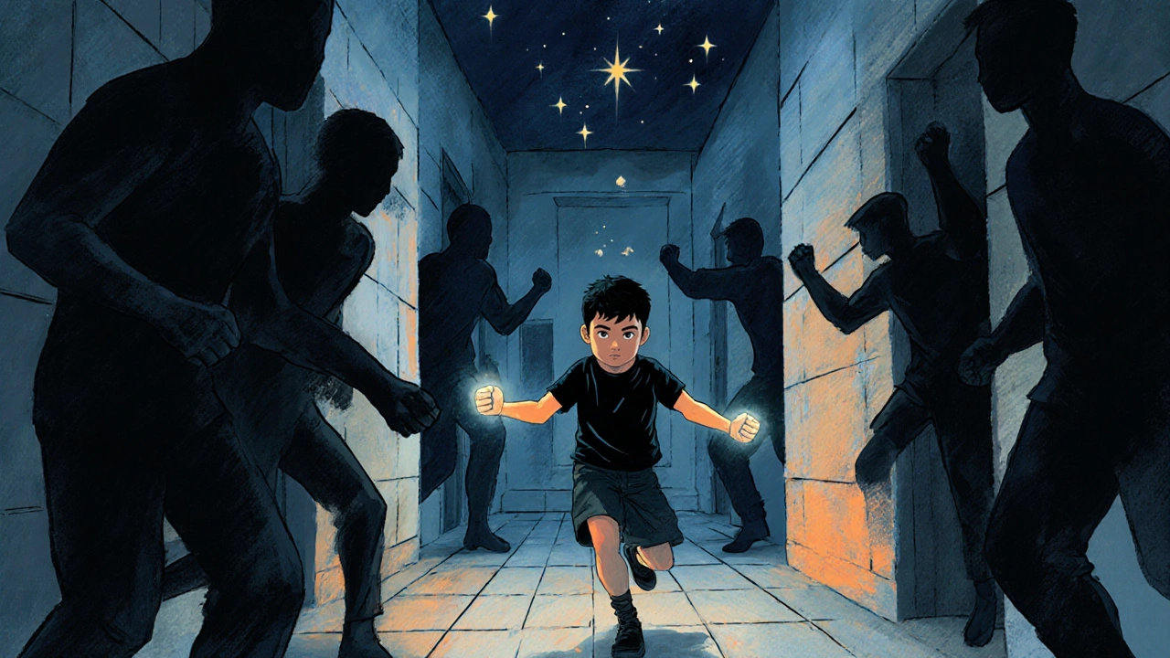 Bir çocuk, bir apartman koridorunda dans gibi Silat hareketleri yapıyor, etrafta gölgeler ve ışık noktaları var.