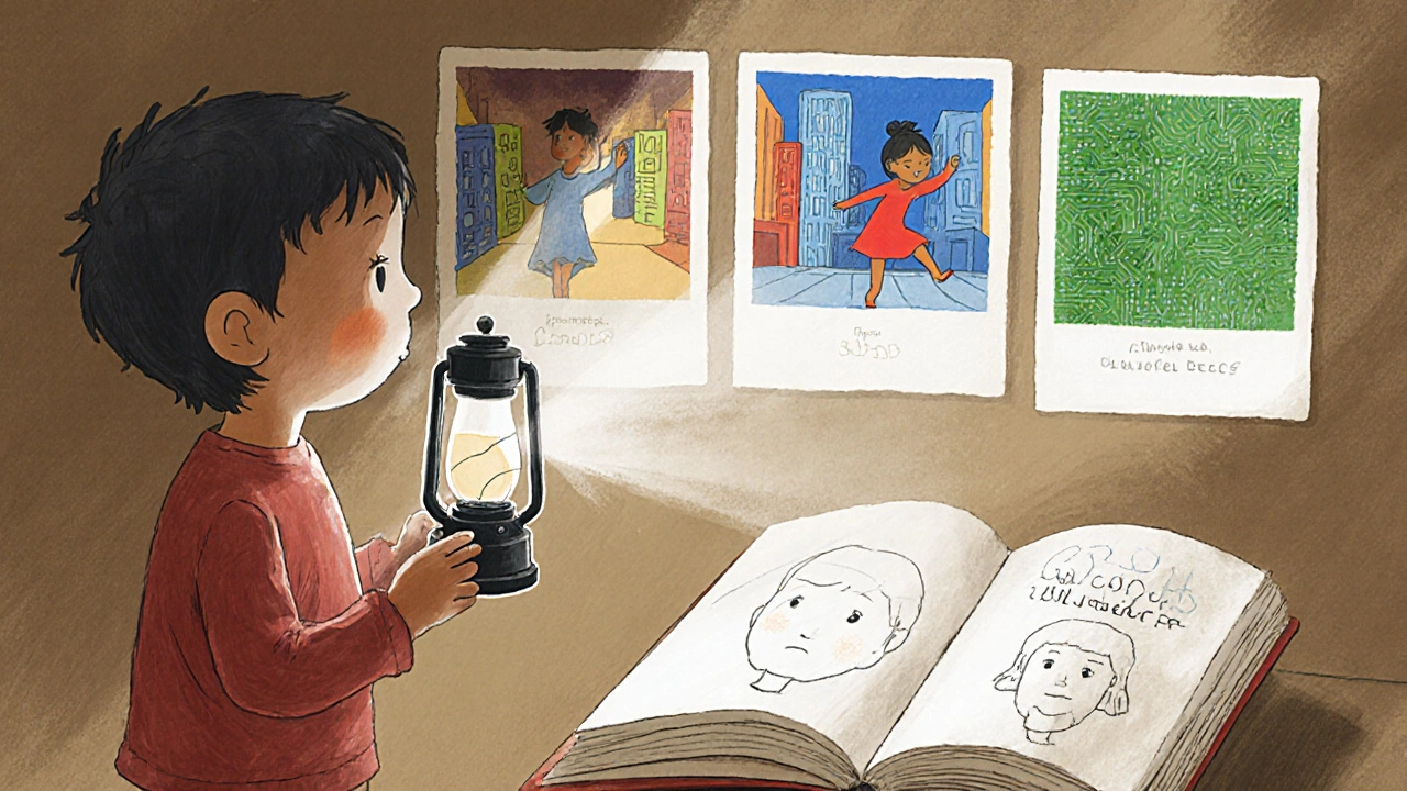 Bir çocuk, bir fenerle duvara film projekte ediyor; arka planda mavi şehir, kırmızı dans ve yeşil matris sahneleri görülüyor.