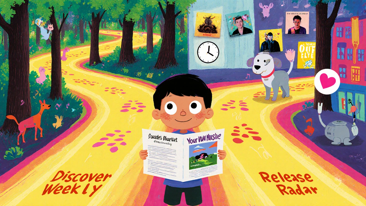 Bir çocuk, keşif ormanı ve yeni çıkışlar şehri arasında iki yolun başında duruyor, elinde müzik yol haritası ve bir robot köpekle.