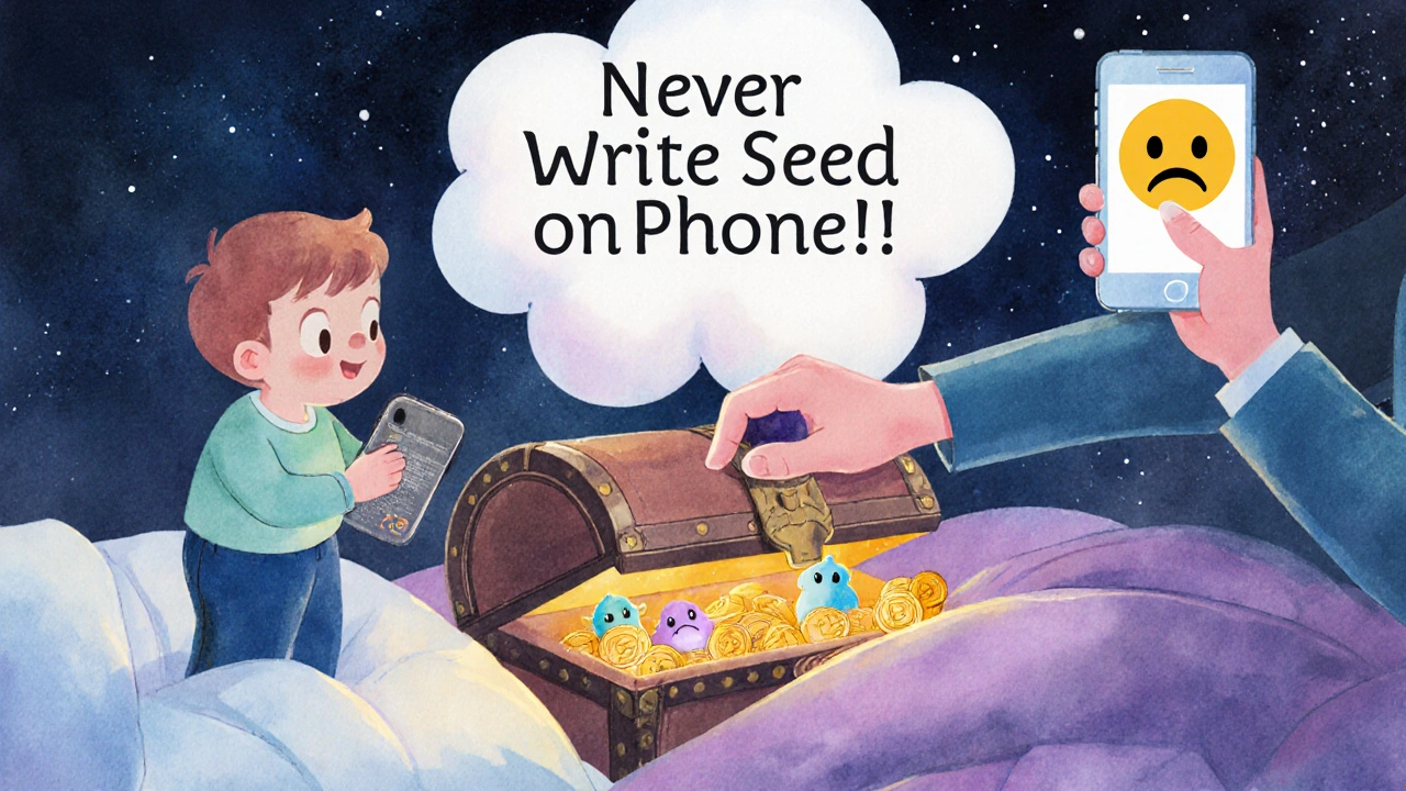 Bir çocuk, seed ifadesini telefonuna yazmamak için cüzdanı bir hazinede saklıyor.