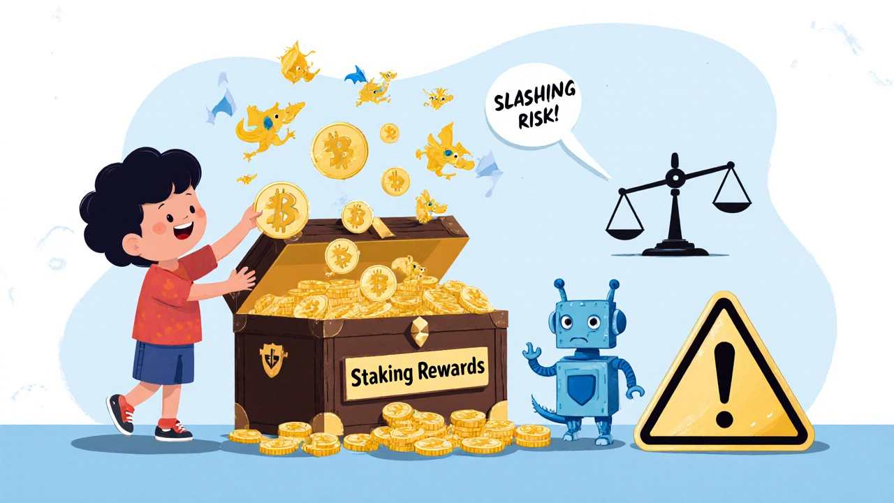 Bir çocuk, staking ödül kutusundan uçan ETH ejderhalarını izliyor, arka planda &#039;Slashing&#039; uyarısı var.