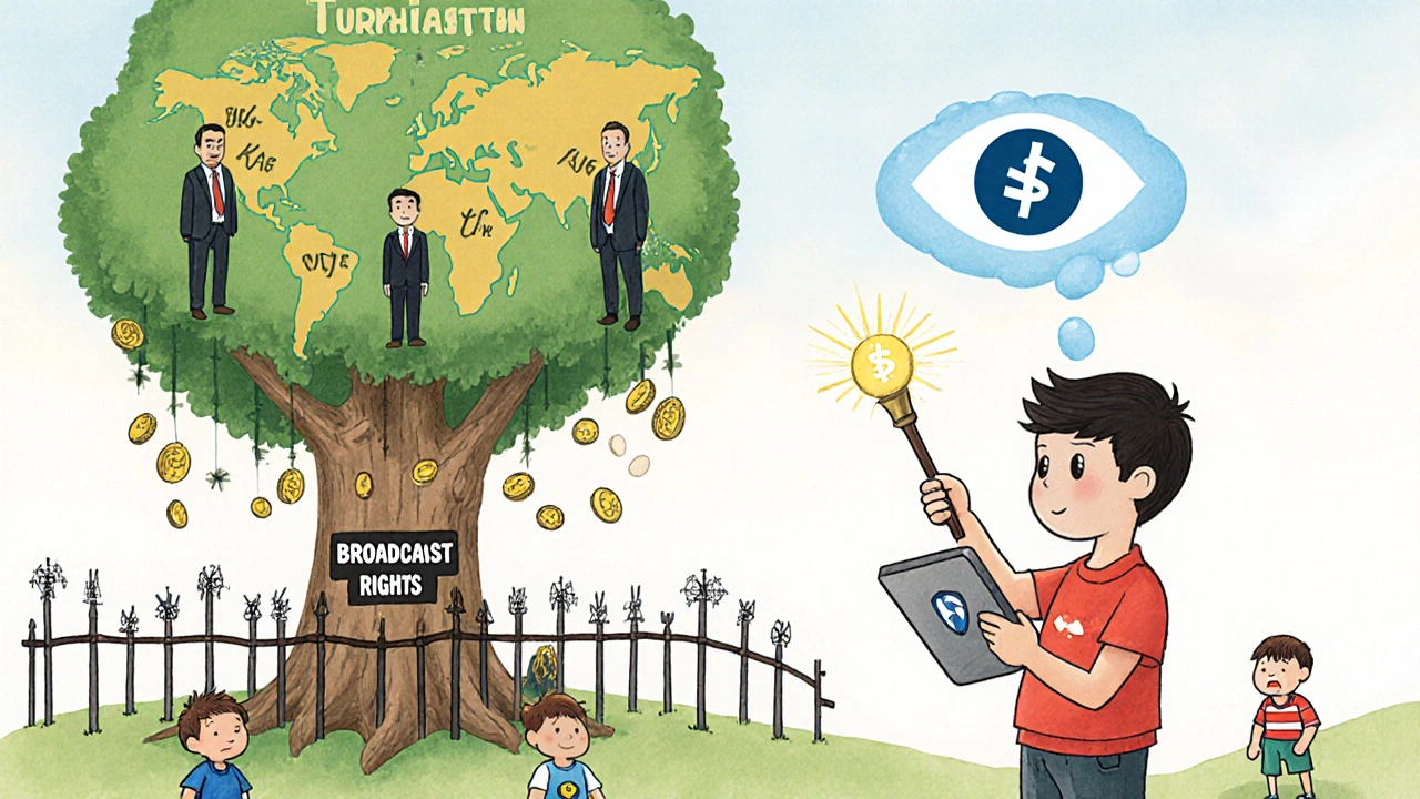 Bir çocuk VPN simgesiyle oynarken, şirket yetkilileri para ağacından para döküyor, küçük ülkelerdeki taraftarlar üzgün bakıyor.