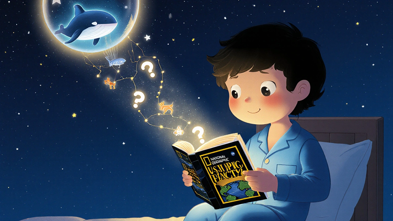 Bir çocuk, yatağında National Geographic kitabından yükselen ışıklı bilgilerle büyülenmiş, balina balonu gökyüzünde.