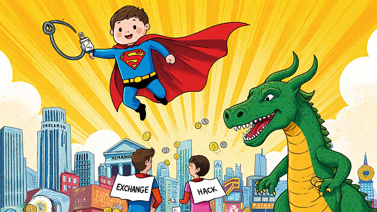 Bir donanım cüzdanı süper kahraman, borsa ejderhasından kripto paraları kurtarıyor.