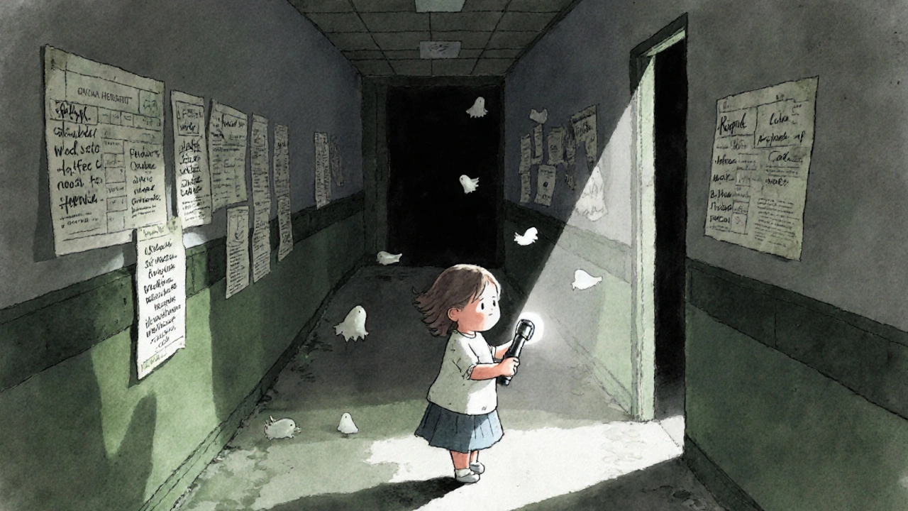 Bir kız, terk edilmiş bir hastanede el feneriyle karanlık bir koridoru araştırıyor.