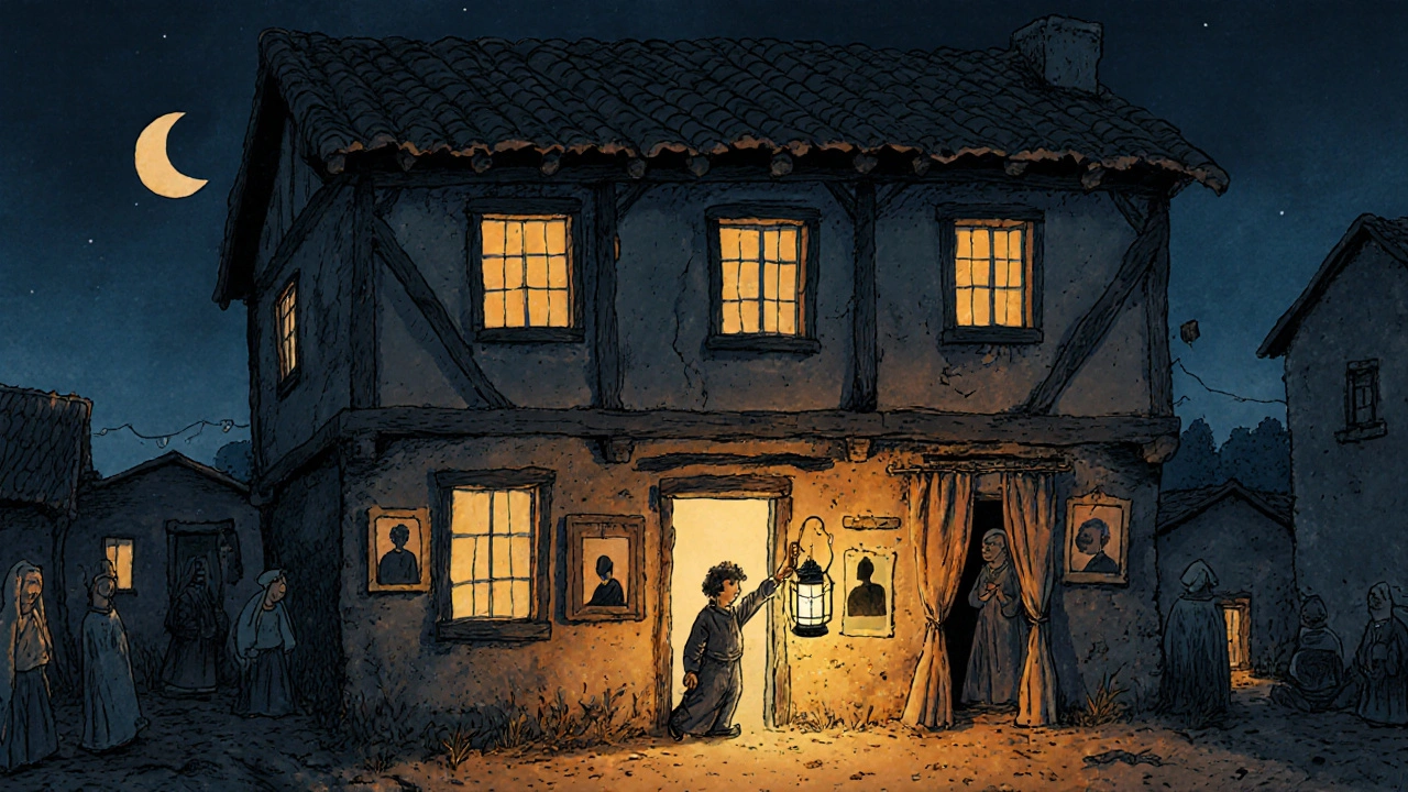 Bir köy evinde bir gazeteci, gizemli gölgelerin arasında bir fener tutuyor.