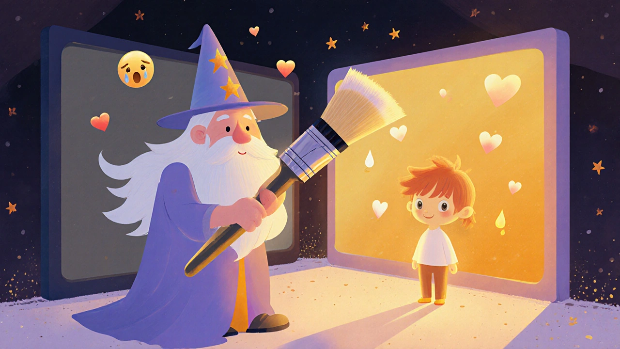 Bir renk büyücüsünün bir ekran üzerinde tonları ayarladığını gösteren, gölgelerin altın rengine dönüşmesiyle birlikte yalnız bir karakterin ısındığı bir sahne.