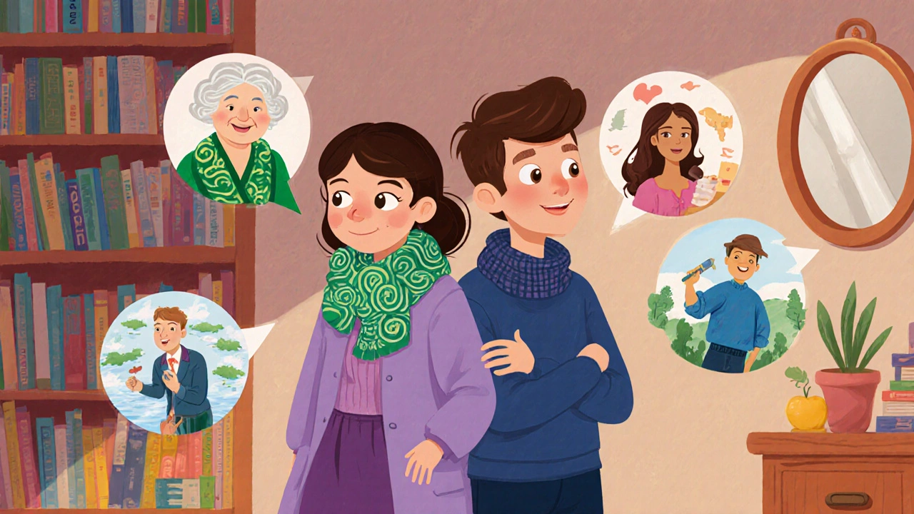 Bir ses koçu ve oyuncu, farklı karakterlerin ses balonlarıyla birlikte, aynada gerçek yüzleri görülüyor.