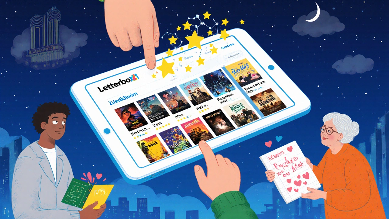 Bir tablet üzerinde Letterboxd arayüzü, Türkiye şekilli yıldızlarla çevrili.