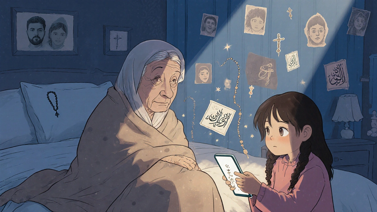 Bir yaşlı kadın ve torunu, telefonunda gizemli sembollerle birlikte sessizce oturur.