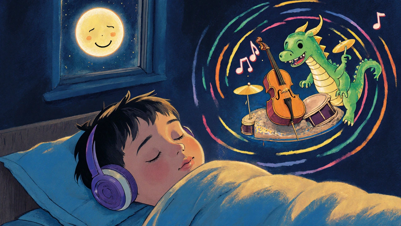 Çocuk, kapalı gözlerle renkli ses dalgaları ve ışık veren müzik aletleri arasında sakin bir şekilde oturuyor.