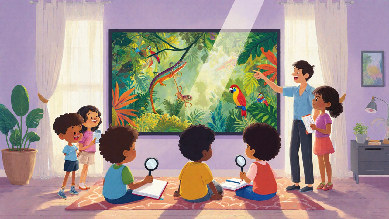 Çocuklar, Amazon yağmur ormanı belgeselini aileleriyle birlikte izliyor, defter ve büyüteçle etkileşimde.