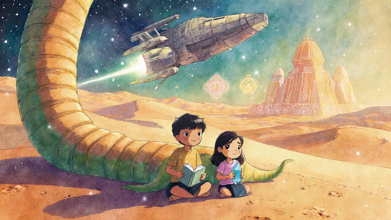 Çocuklar kumlu bir gezegende, dev bir worm ve uzay gemisiyle birlikte yıldızlar kitabı tutuyor.