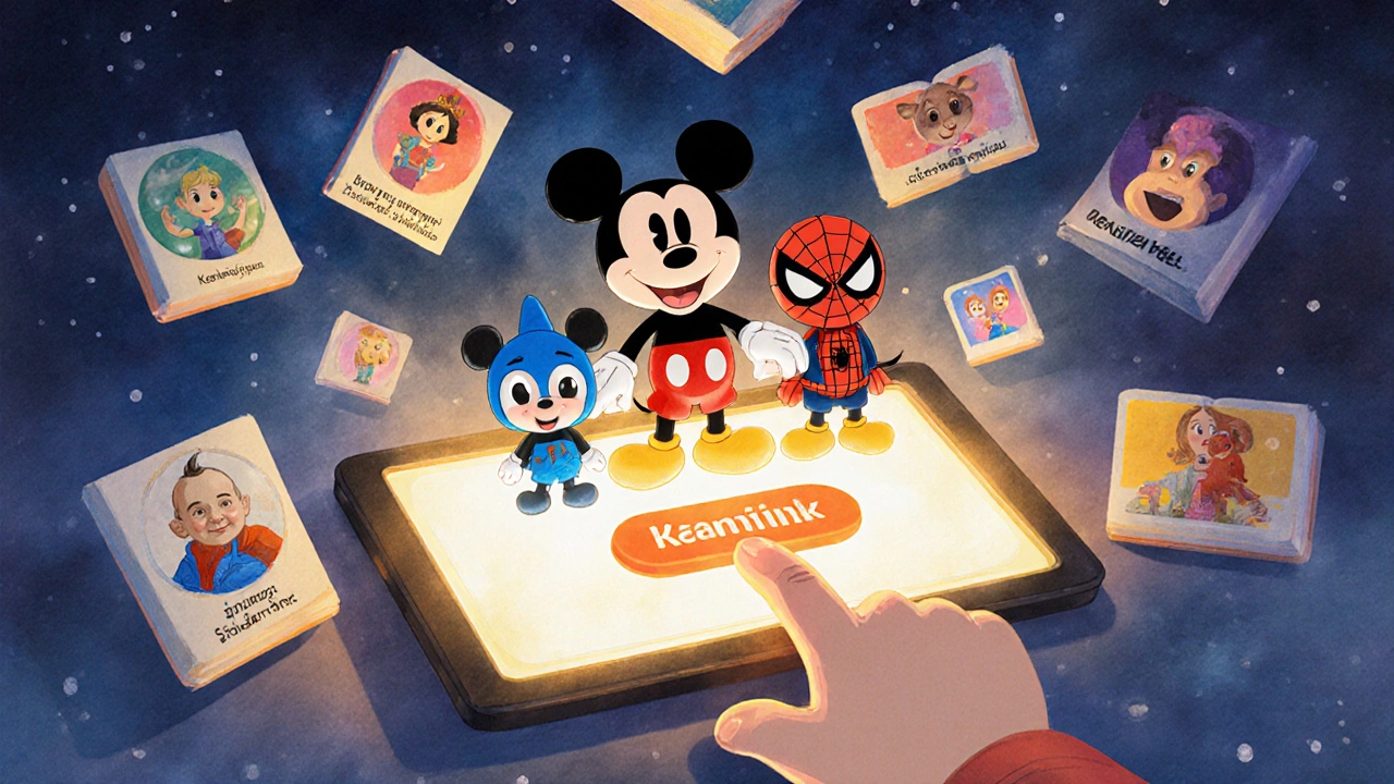 Disney+ characters guide a child through Turkish-language children&#039;s content in a magical digital world.