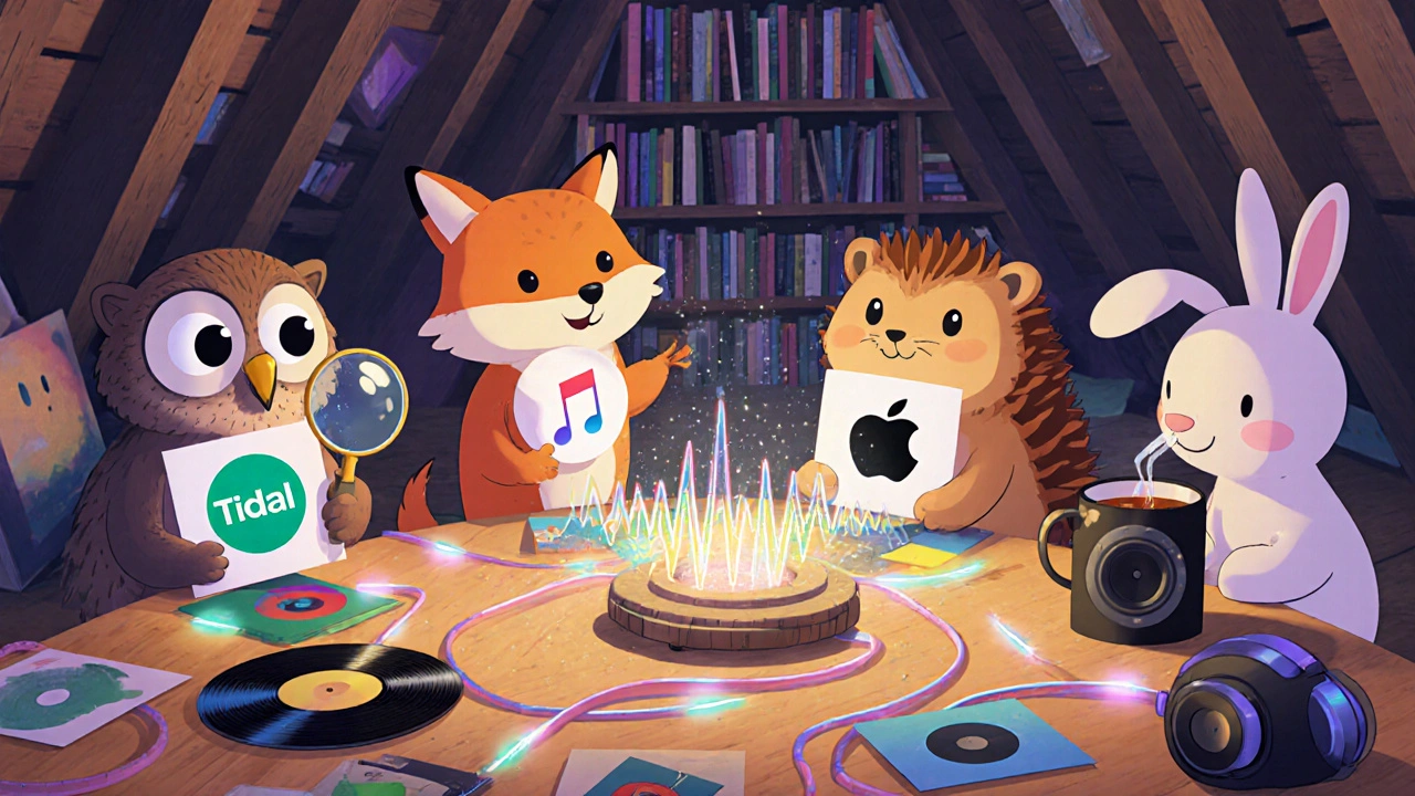 Dört hayvan, farklı müzik hizmeti logolarıyla birlikte renkli plaklar ve kulaklıklar etrafında toplanmış.