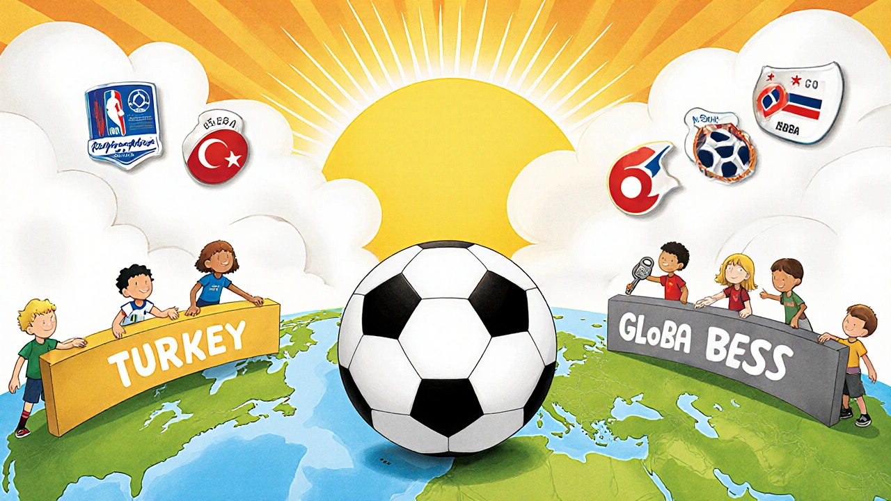 Dünya haritası üzerinde bir futbol topu kayıyor, farklı ülkelerden çocuklar ona ulaşmaya çalışıyor ama bölgelerde engeller var.