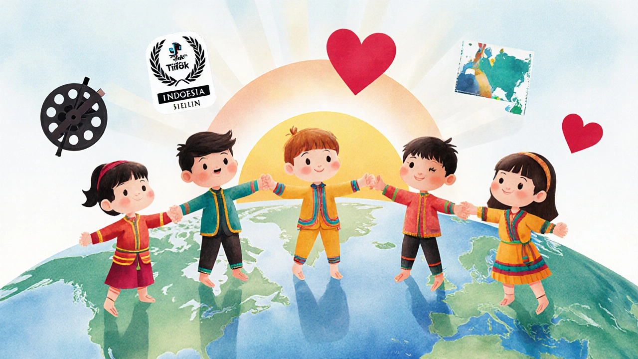 Dünya haritası üzerinde farklı ülkelerden çocuklar, Silat hareketleriyle bir daire oluşturuyor.