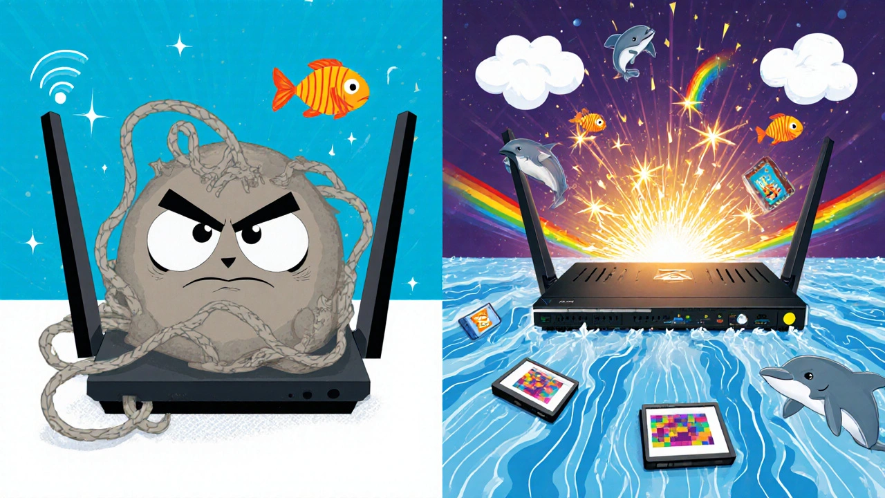 Eski bir router donanımlı videoları durdururken, yeni bir router akıcı videolar gönderiyor.