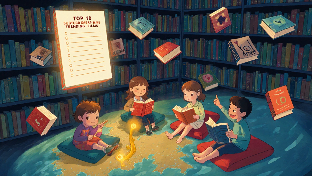 Filmlerden oluşan bir kitaplıkta çocuklar ve yetişkinler, Türkiye haritasının üzerinde oturuyor.