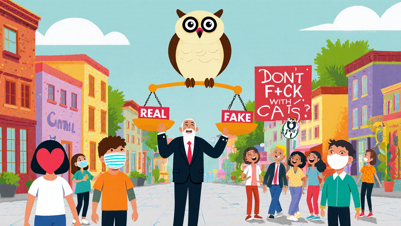 Köy meydanında sosyal medya maskeleri giymiş insanlar, gerçek ve sahte arasında bir terazi duruyor.