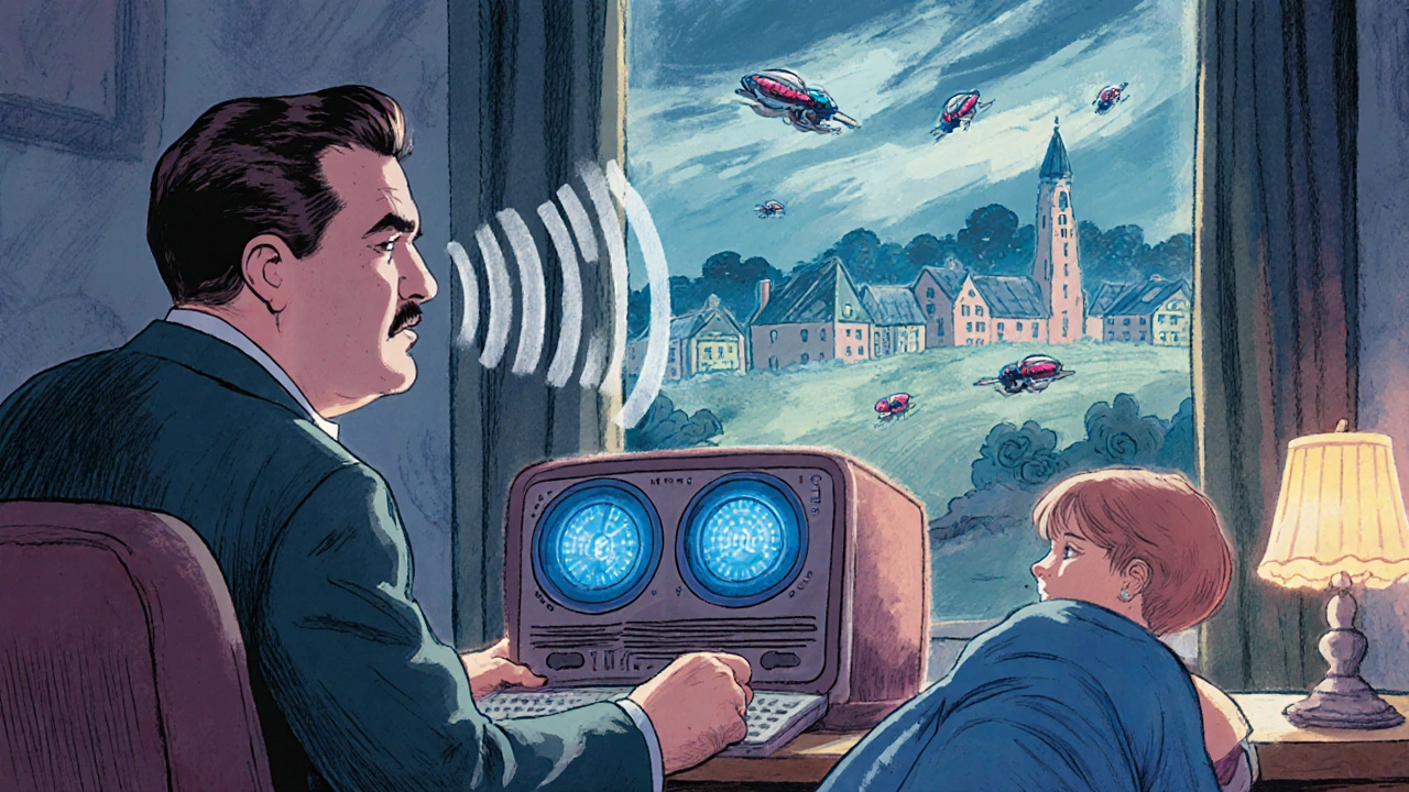 Orson Welles, radyodan Marslılar uyarlaması yapıyor, çocuklar korkuyla örtünüyor.