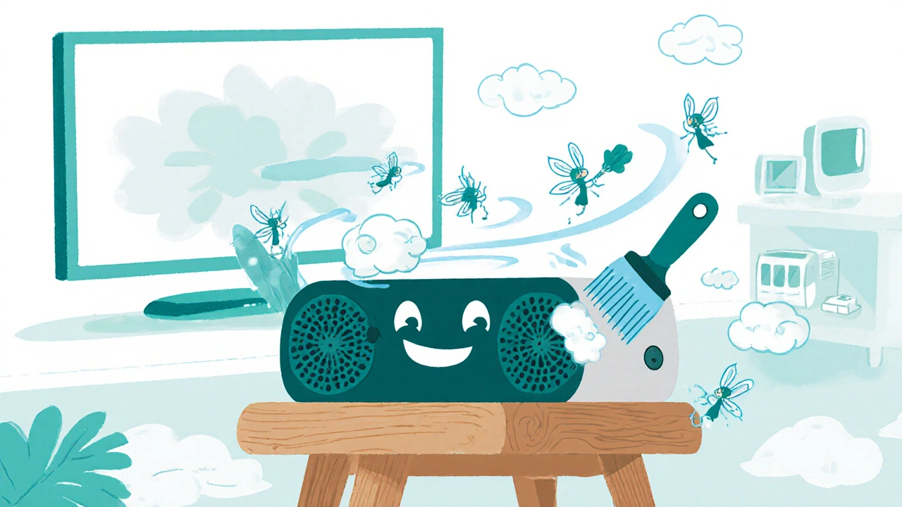 Streaming cihazı ahşap stand üzerinde, hava akımıyla serinliyor ve tozlar fırça ile temizleniyor.