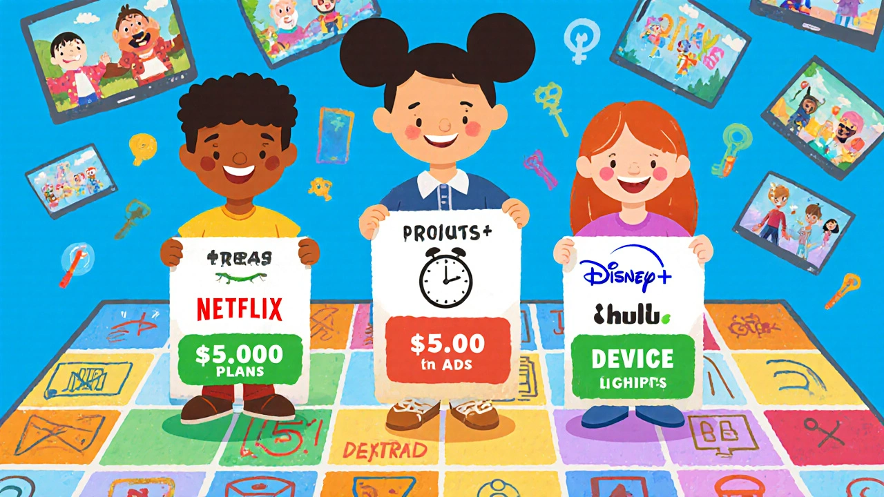 Üç karakter, Netflix, Disney+ ve Hulu&#039;nun fiyat ve özelliklerini oyun tahtası gibi karşılaştırıyor, her biri farklı avantajları gösteriyor.