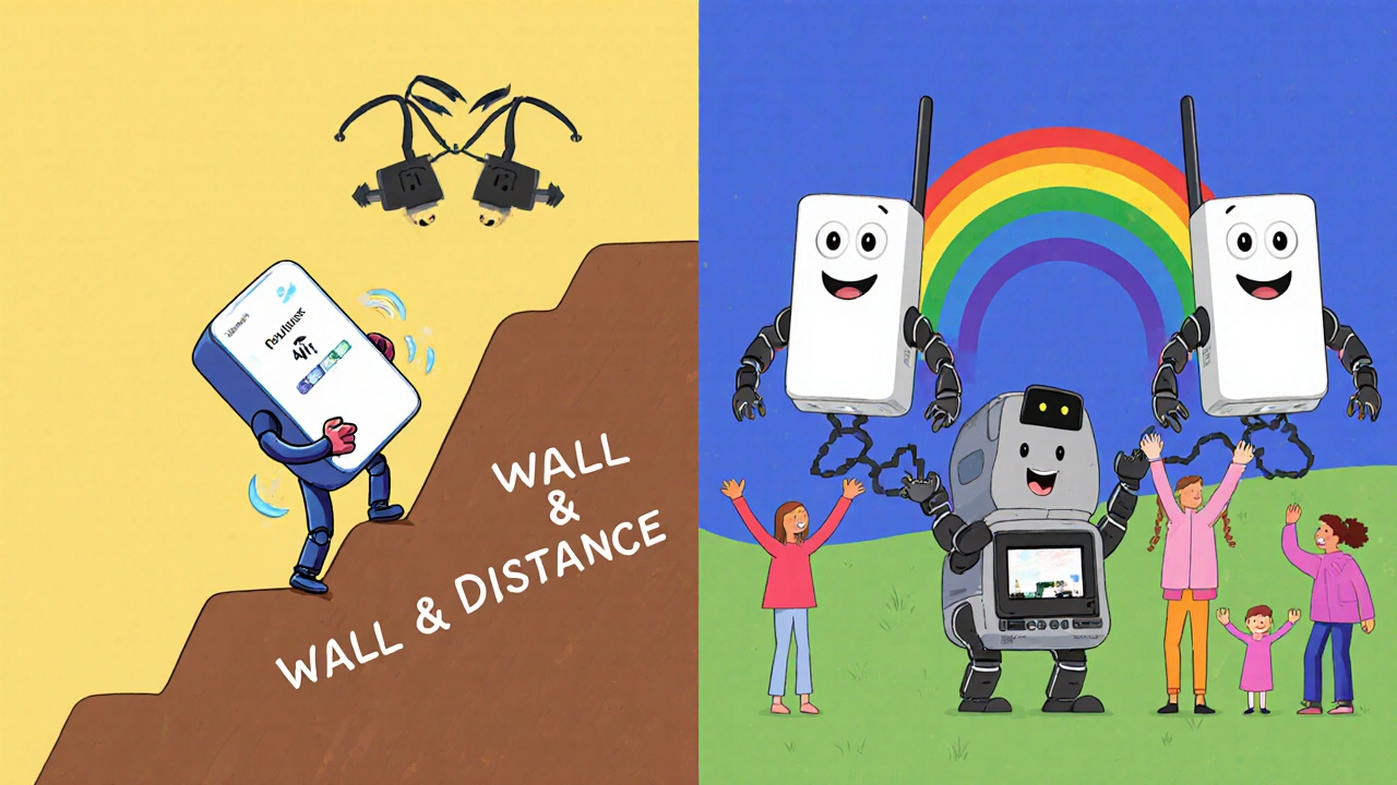 Wi-Fi genişletici ağır bir 4K kutusunu taşırken zorlanıyor, mesh sistemi kolayca taşıyor.