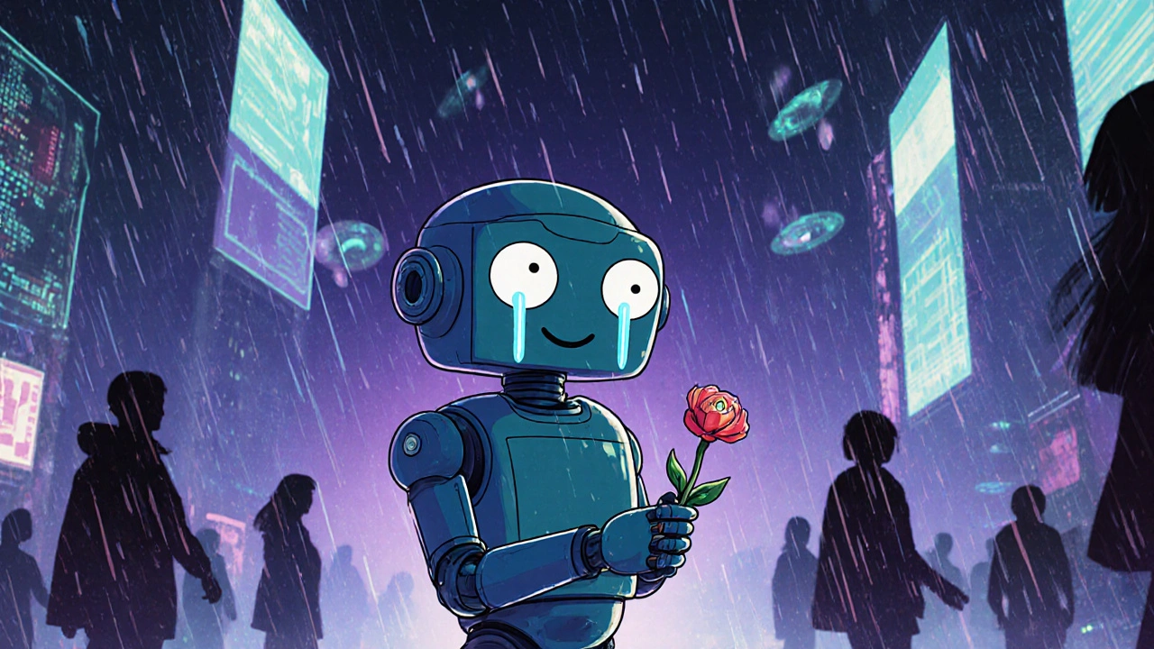 Yalnız bir robot, yağmurun altında bir çiçek tutuyor, arkasında neon ışıklarla parlayan bir şehir.