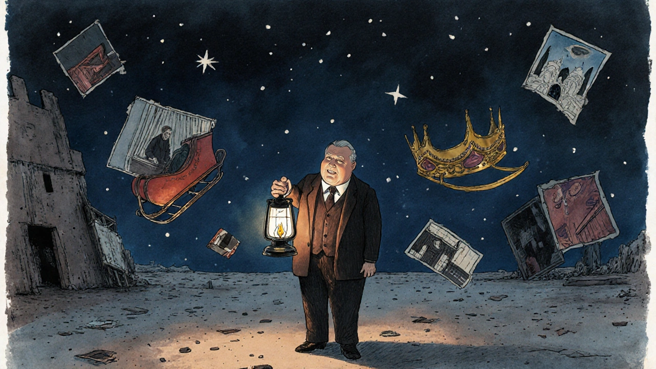 Yaşlı Welles, filmlerinin parçalarıyla yalnızca bir lamba taşıyor.