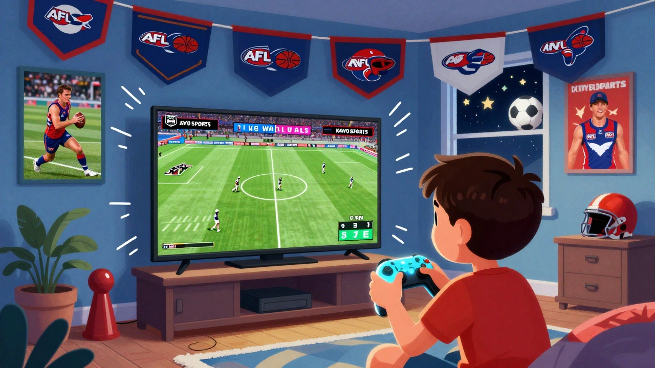A boy excitedly watching multiple sports on Kayo Sports in his themed bedroom filled with team banners.