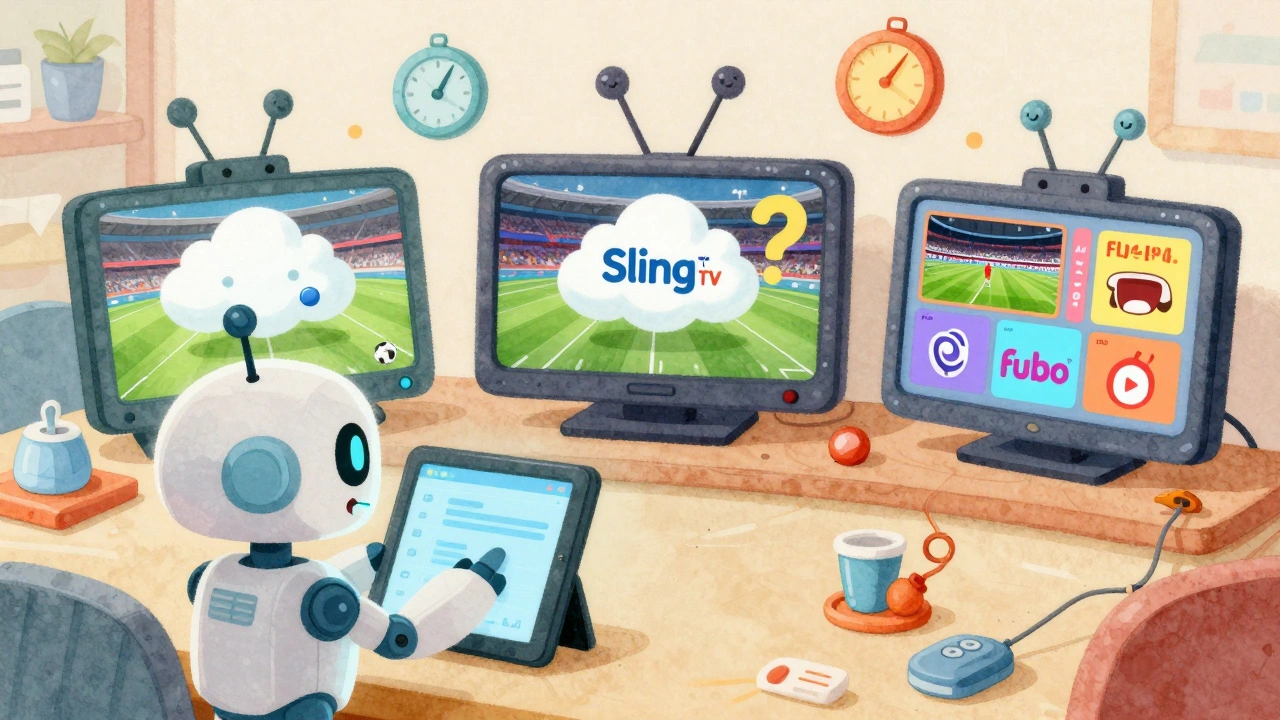 A robot testing streaming services in a playful lab with cloud DVRs and sports panels.