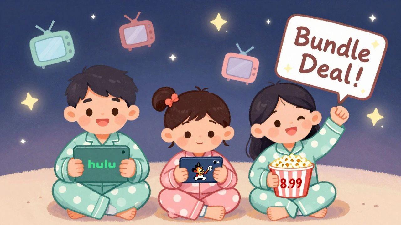 Aile, Hulu ve Disney+ paketiyle birlikte TV izliyor, 8.99$ etiketi var.