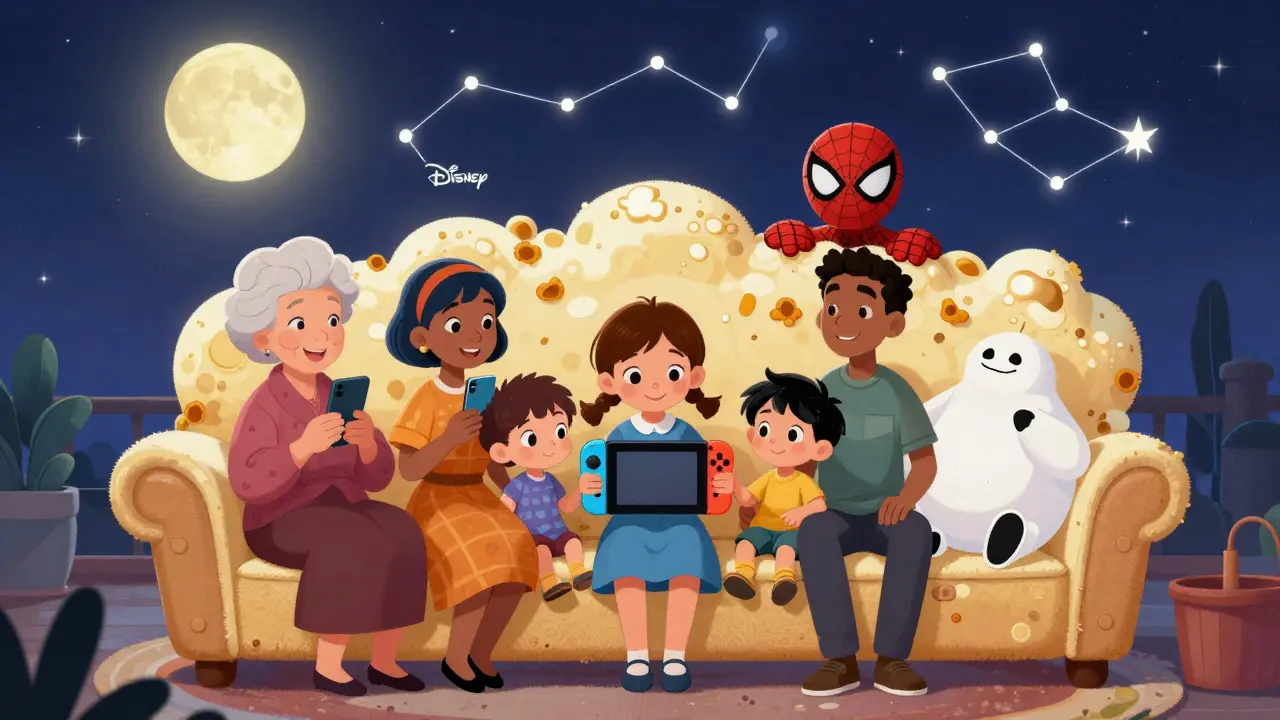 Aile, popcorn koltukta birlikte Disney karakterleriyle dolu bir hikaye evreninde oturuyor.