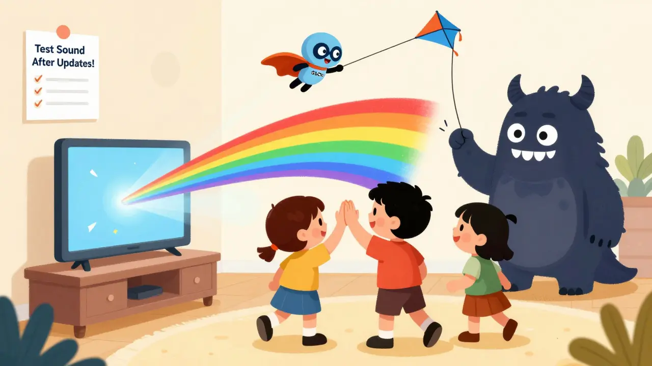 Aile, TV'den gelen renkli ses dalgalarıyla yüksek sesle eğlenirken, küçük bir kahraman Bluetooth'u kurtarıyor.