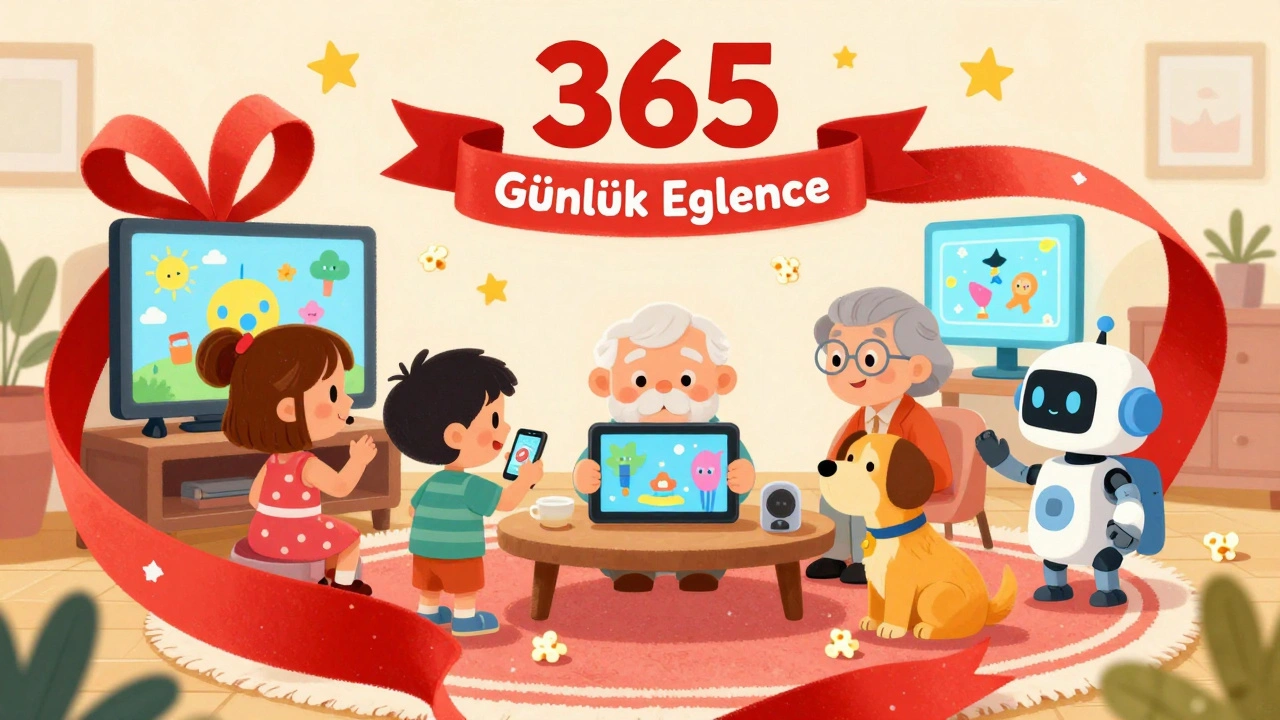 Beş farklı kişi, farklı cihazlarda Prime Video izliyor, etrafta hediye bandı ve yıldızlar var.