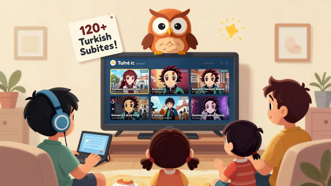 Bir ailenin farklı cihazlarda anime izlediği, Türkçe altyazılı sahnelerle dolu bir living room sahnesi, bir baykuş yardımcıla.