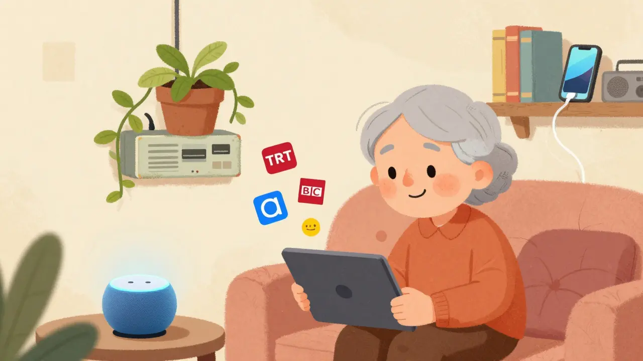 Bir büyükbaba, Alexa'dan haber alıyor ve kablo kutusu bitkili bir saksıya dönüşmüş.