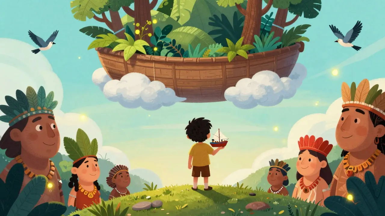 Bir çocuk, bulutlar üzerindeki bir tekneyi hayal ediyor, etrafında doğanın sembolleri var.