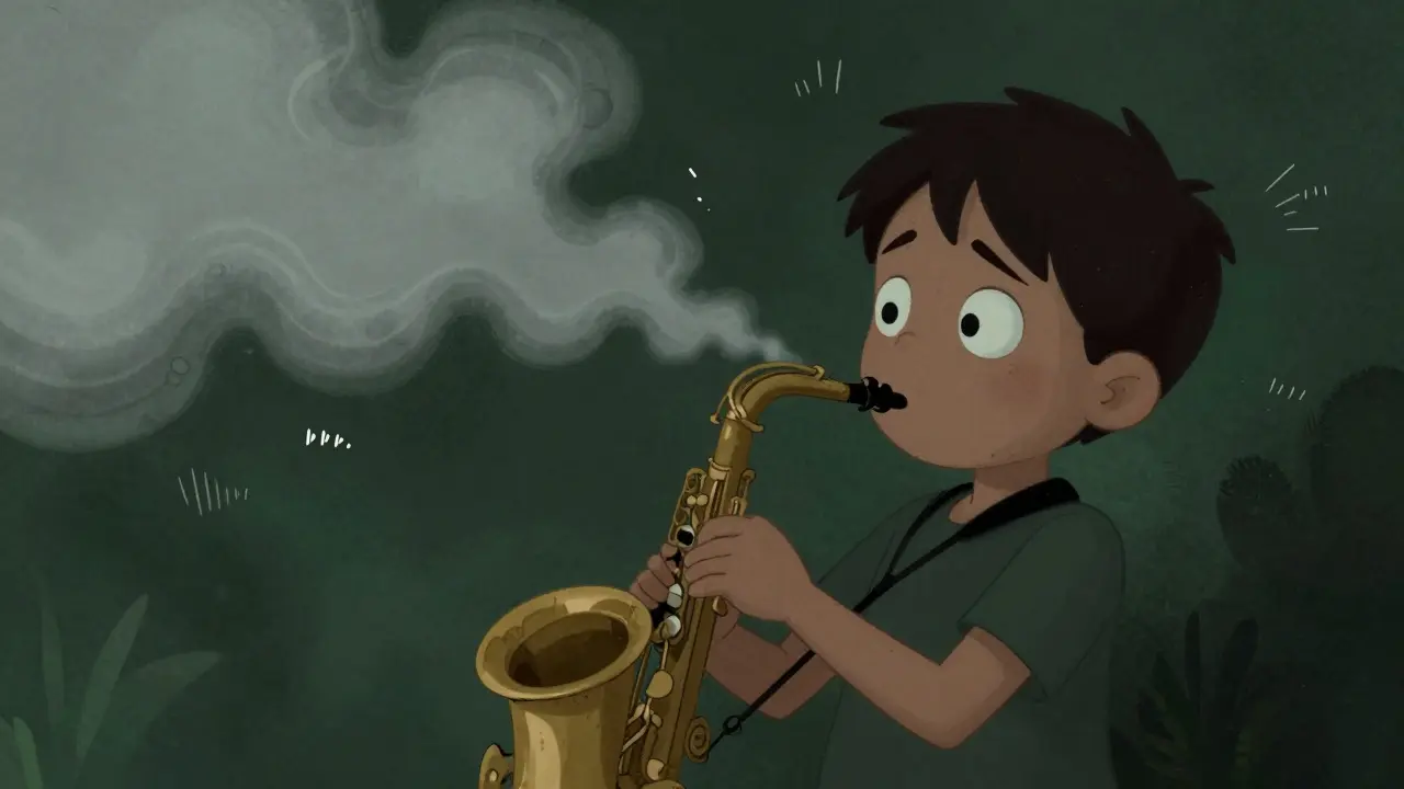Bir çocuk, nefes alan bir saksofon tutuyor, etrafında korku sesleri dolaşıyor.