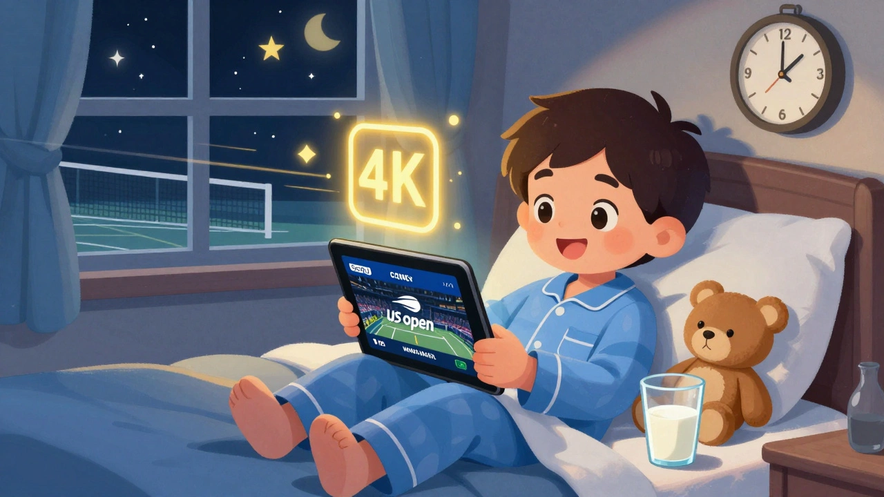 Bir çocuk yatağında beIN CONNECT uygulamasıyla US Open maçını izliyor, yıldızlı pencereden içeri ışık geliyor.