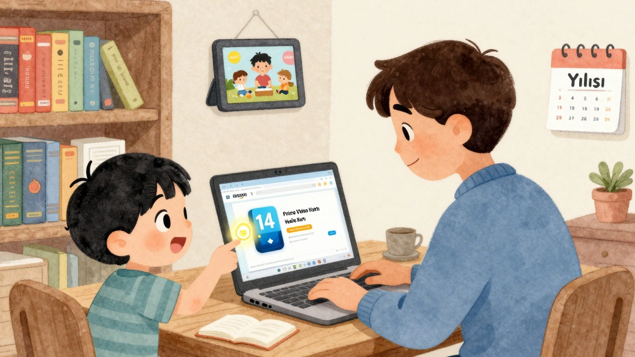 Bir ebeveyn bilgisayarda Prime Video hediye kodu alıyor, çocuk heyecanla gösteriyor.