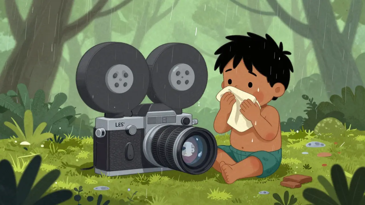 Bir kamera, bir işçinin yüzünü yansıtırken yağmurun altında sessizce duruyor.