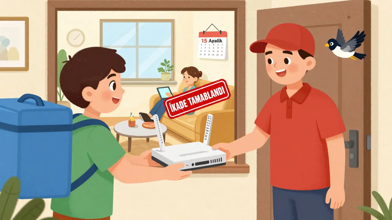 Bir kişi kablo cihazlarını iade ediyor, arka planda bir tablette film izleyen kişi serbestçe rahatlıyor.